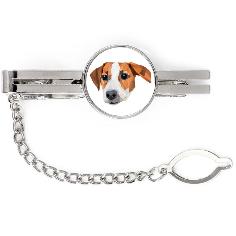 foto del prodotto jack russell terrier fermacravatta geometrico con foto e scritta art dog