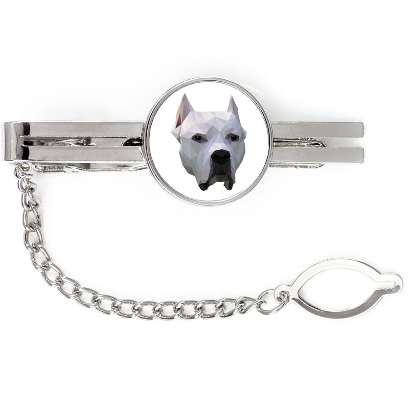 foto del prodotto cane argentino, dogo argentino fermacravatta geometrico con foto e scritta art dog