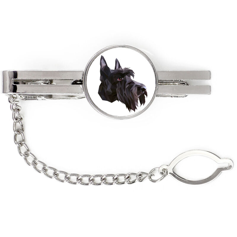 foto del prodotto scottish terrier, aberdeen terrier fermacravatta geometrico con foto e scritta art dog