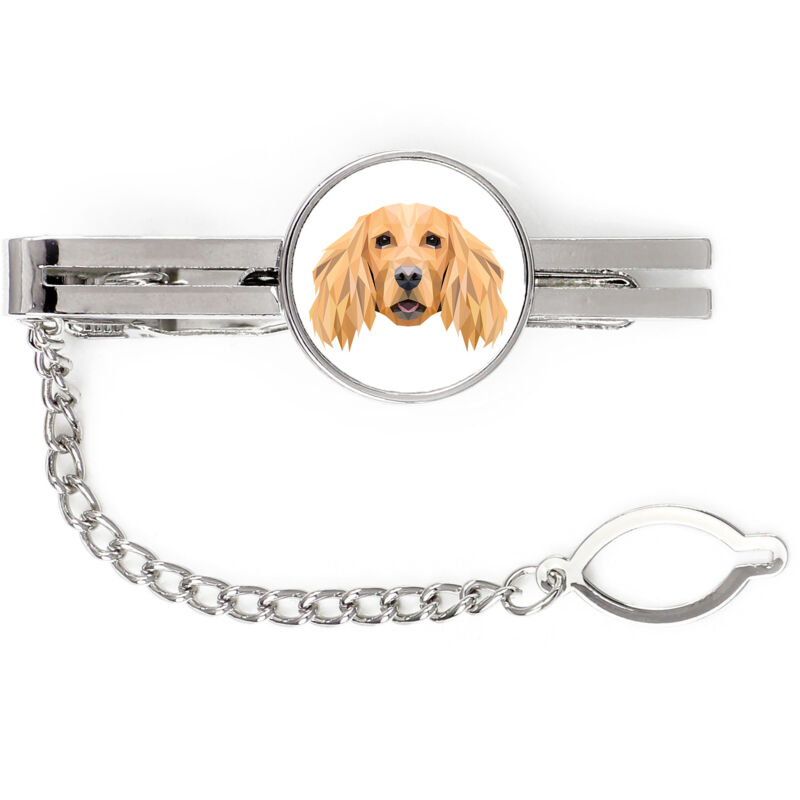 foto del prodotto cocker spaniel inglese fermacravatta geometrico con foto e scritta art dog