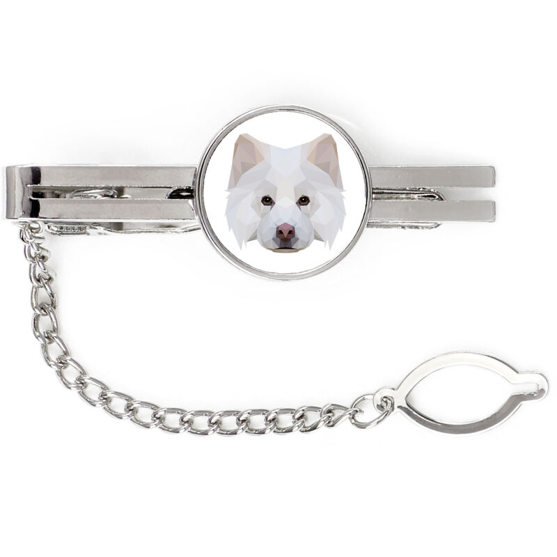 foto del prodotto finnish lapphund fermacravatta geometrico con foto e scritta art dog