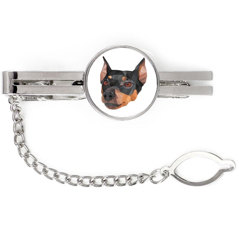 foto del prodotto pinscher medio, pinscher tedesco fermacravatta geometrico con foto e scritta art dog