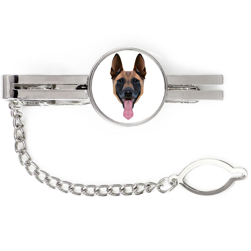foto del prodotto pastore belga malinois fermacravatta geometrico con foto e scritta art dog