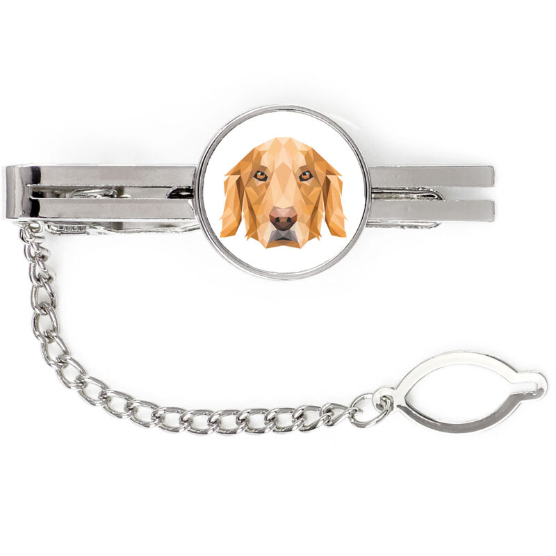 foto del prodotto golden retriever fermacravatta geometrico con foto e scritta art dog