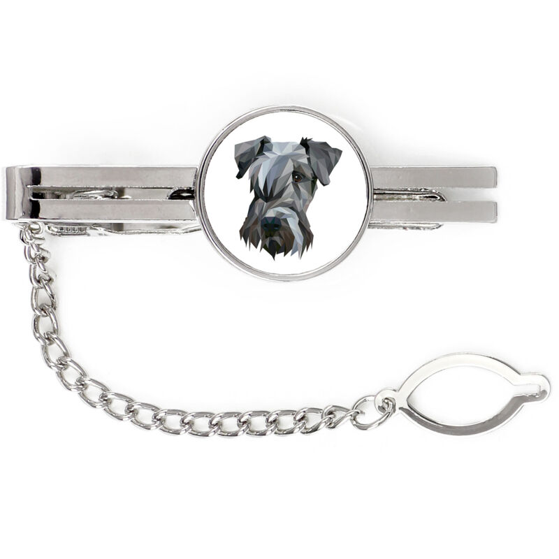 foto del prodotto terrier ceco, terrier ceco fermacravatta geometrico con foto e scritta art dog