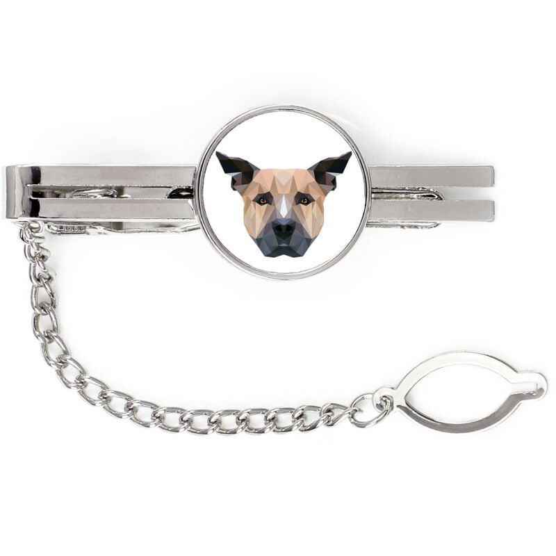 foto del prodotto staffordshire bull terrier, staffik, staffi fermacravatta geometrico con foto e scritta art dog