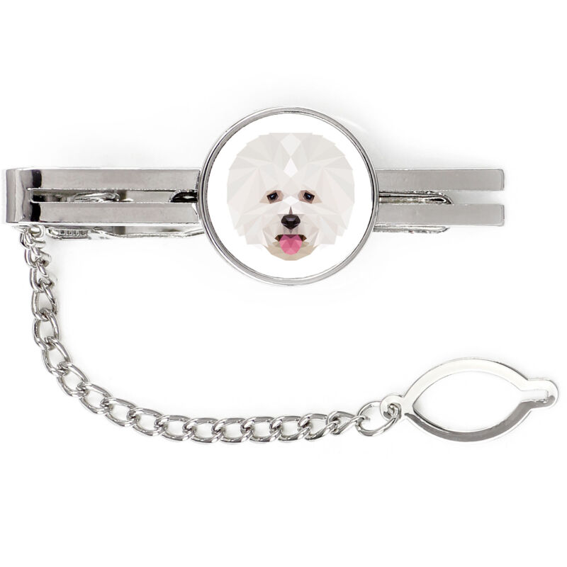 foto del prodotto bichon frise, tenerife dog fermacravatta geometrico con foto e scritta art dog