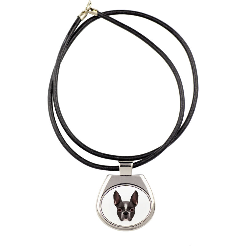 foto del prodotto boston terrier, boston bull terrier collana con foto e iscrizione geometrica di art dog