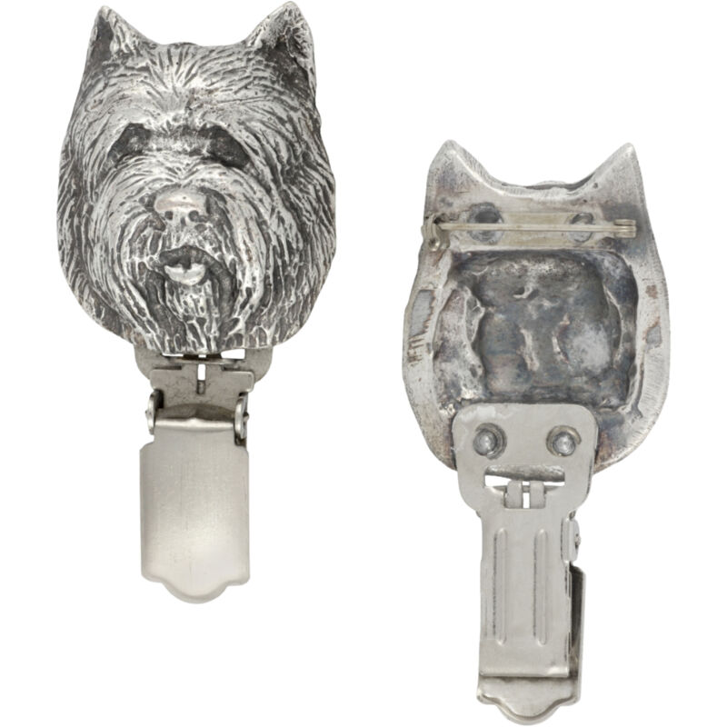 foto del prodotto cairn terrier spilla con clip, porta numero di partenza, distintivo argentato per esposizioni canine di art dog