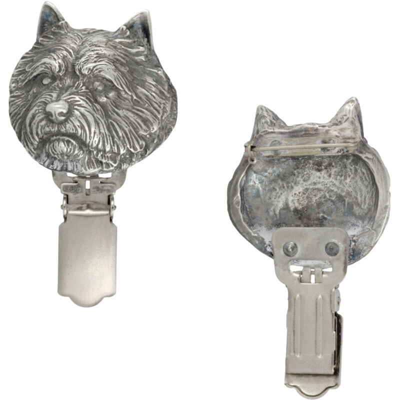 foto del prodotto norwich terrier spilla con clip, porta numero di partenza, distintivo argentato per esposizioni canine di art dog