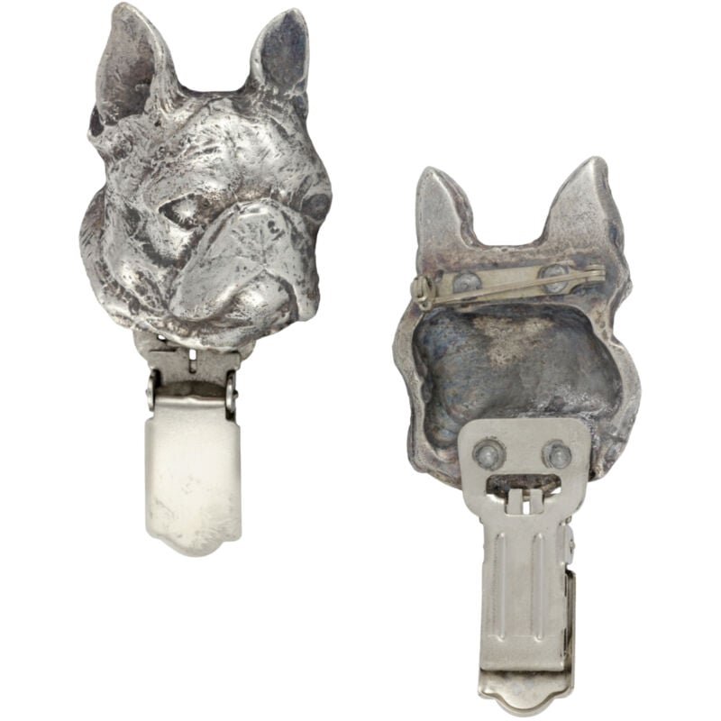 foto del prodotto boston terrier, boston bull terrier spilla con clip, porta numero di partenza, distintivo argentato per esposizioni canine di art dog