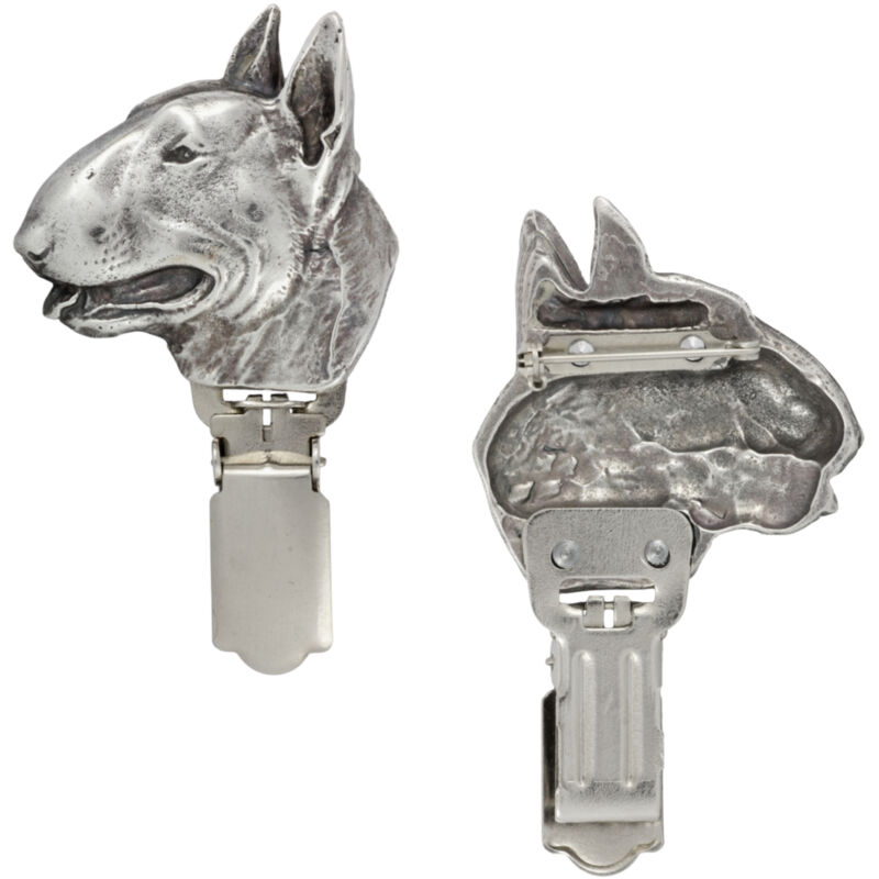 foto del prodotto bull terrier spilla con clip, porta numero di partenza, distintivo argentato per esposizioni canine di art dog