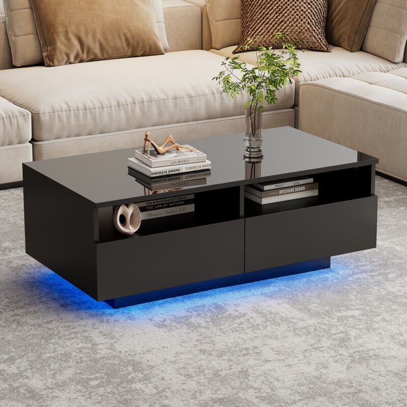 foto del prodotto tavolini bassi fissi 90x50x35cm tavolino salotto rettangolare, 2 cassetti, led, tavolino laterale, pannello truciolato, nero
