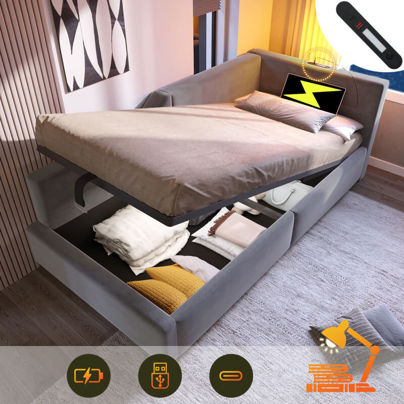 foto del prodotto letti contenitori idraulico, letto per bambini, luce di lettura, usb, letto singolo, legno, senza materasso, 90x190 cm, grigio