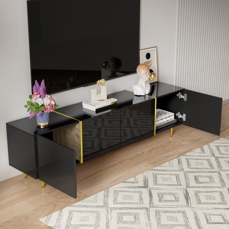 foto del prodotto mobile tv 170x35x46cm con 4 ante, adatto per tv da 50 pollici, decorazione oro, senza maniglie, adatto per soggiorno, mdf, nero