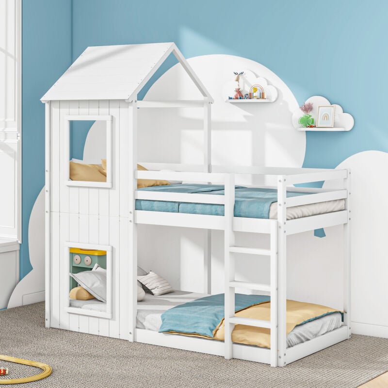 foto del prodotto struttura letto a castello 90x200cm letti matrimoniale per bambini con finestra, forma casa, pino, senza materasso, bianco
