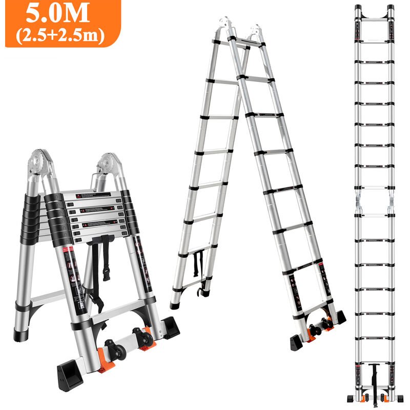 immagine 0 del prodotto scala pieghevole telescopica in alluminio da 5,0 m con 2 rotelle 2,5 m 2,5 m , scala pieghevole multifunzione con carico di 150 kg, nero argento