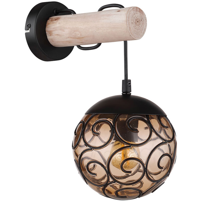 foto del prodotto lampada da parete lampada da parete vintage da soggiorno ambra lampada da corridoio rotonda, metallo nero legno plastica, 1x e27, lxh 15 x 36 cm
