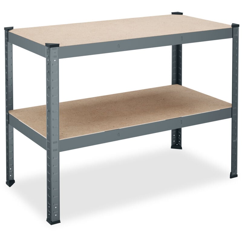 foto del prodotto banco da lavoro officina, hxlxp 90x120x60 cm, 150 kg, tavolo con 2 ripiani regolabili, acciaio e mdf, grigio relaxdays