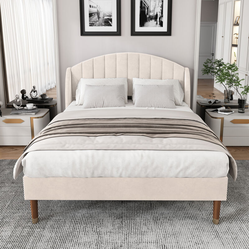 foto del prodotto letti per adulti 160x200cm, letti per bambini, letti singolo imbottito, rete a doghe, gambe in legno, velluto, senza materasso, beige