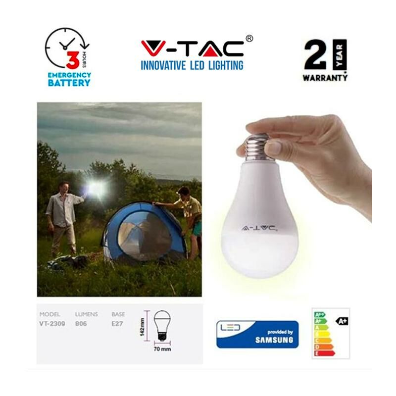 foto del prodotto led lampadina samsung chip 9w e27 emergenza 4000k 3 ore batteria luce naturale