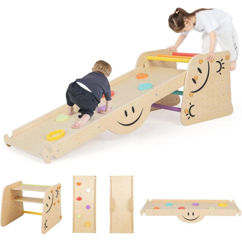 immagine 0 del prodotto goplus set 2 gioco da arrampicata, giocattoli da arrampicata montessori in legno con scaletta, sgabello, rampa in roccia reversibile, scivolo e
