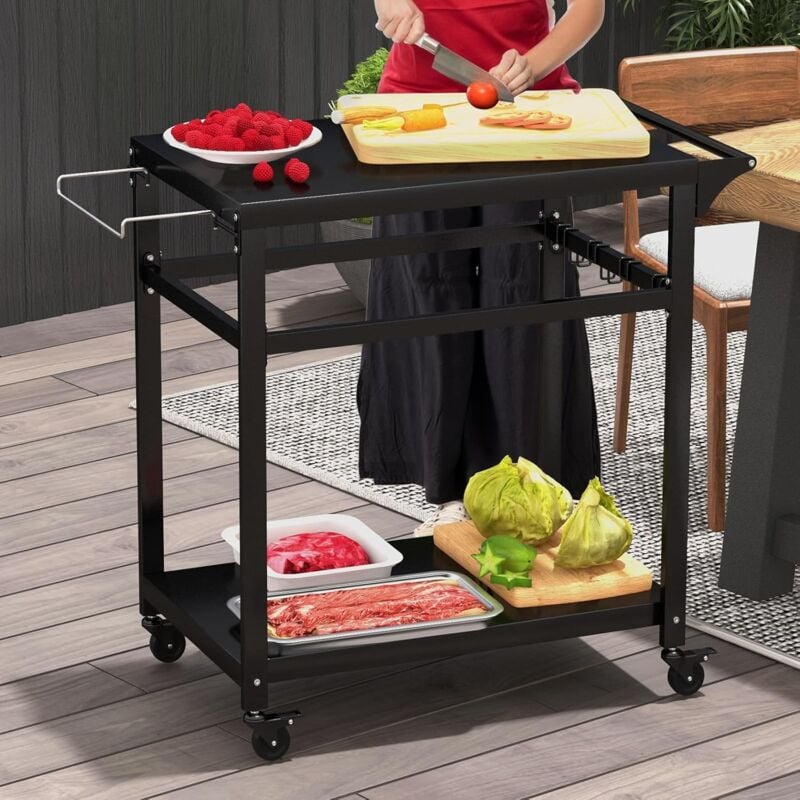 foto del prodotto carrello per grill da esterno, carrello da cucina con ripiano, ganci, ruote bloccabili e maniglia laterale, ideale per bbq da giardino goplus