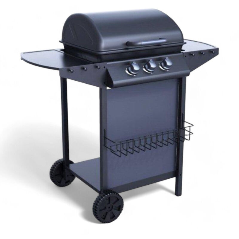 foto del prodotto barbecue a gas da esterno con tre fuochi dimensioni 104x55x98 cm doppia griglia acciaio inox e mensola portavivande