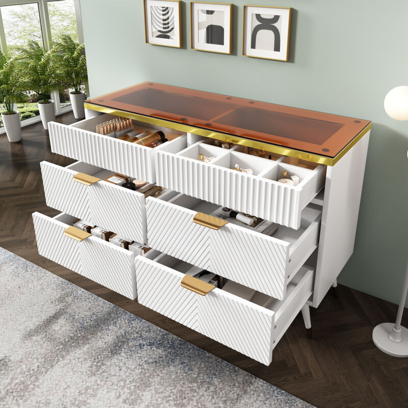 foto del prodotto cassettiera credenza con vetro ambra, 6 cassetti, soggiorno moderno, camera da letto, 120x40x76cm, bianco