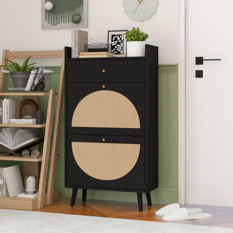 foto del prodotto scarpiera da ingresso 60,2x24x110,3cm con 1 cassetto, 2 vani con ribalte, doppio ripiano, senza schienale, pannello truciolare, nero