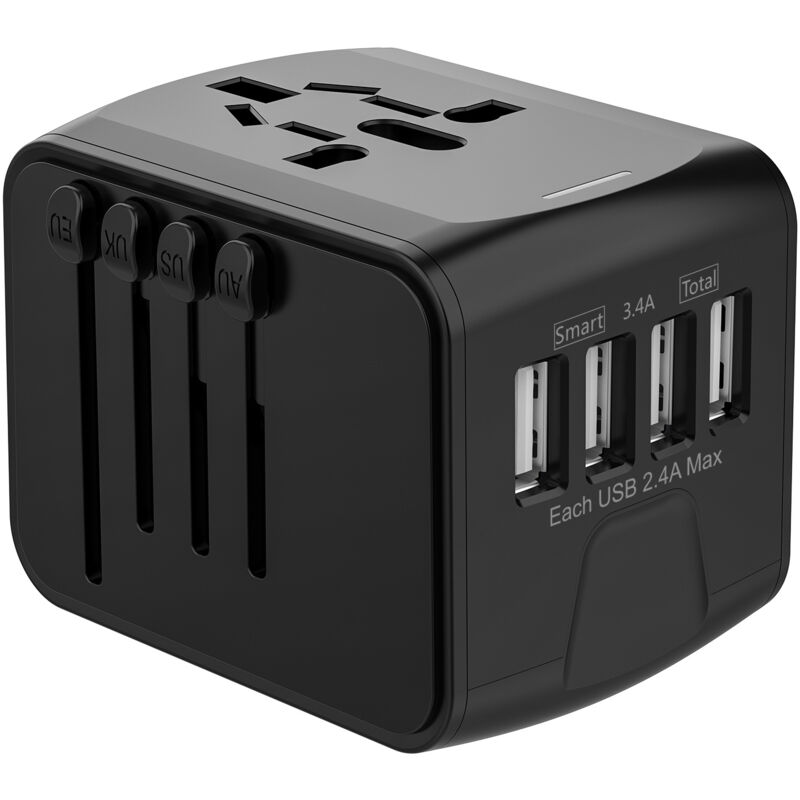 foto del prodotto adattatore da viaggio, adattatore universale con 4 porte usb e presa ca, adattatore da francia a usa, regno unito, germania, thailandia, italia,