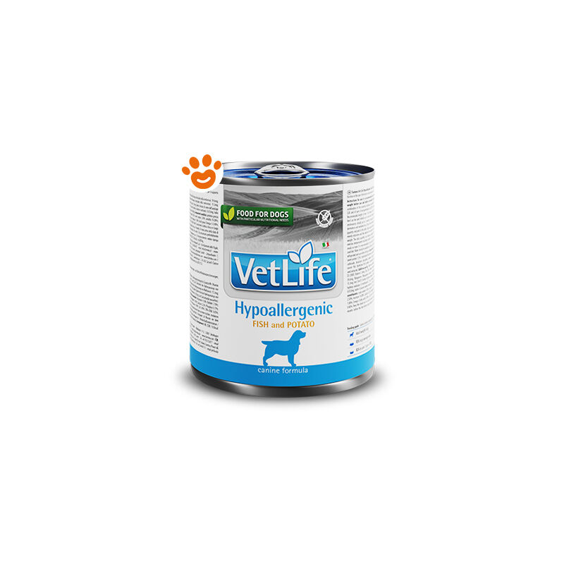 foto del prodotto dog vet life hypoallergenic pesce e patate dog vet life hypoallergenic pesce e patate lattina da 300 gr farmina