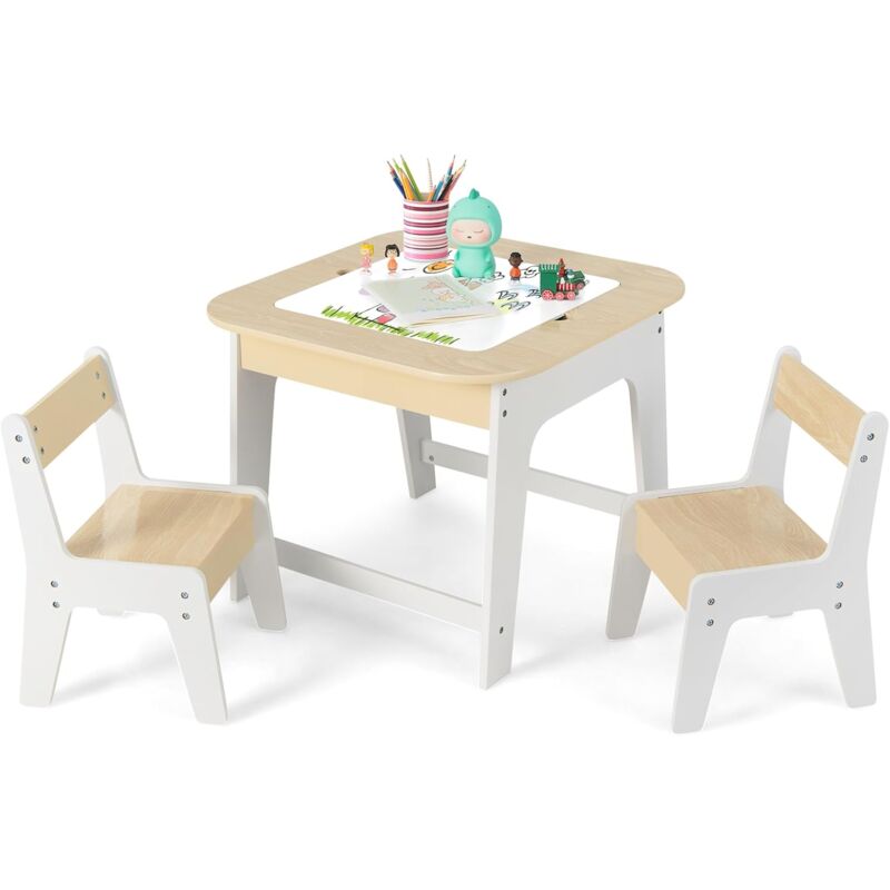 foto del prodotto goplus tavolo per bambini con 2 sedie, tavolo da pittura con piano d appoggio rimovibile e spazio di archiviazione, tavolo per bambini con lavagna e