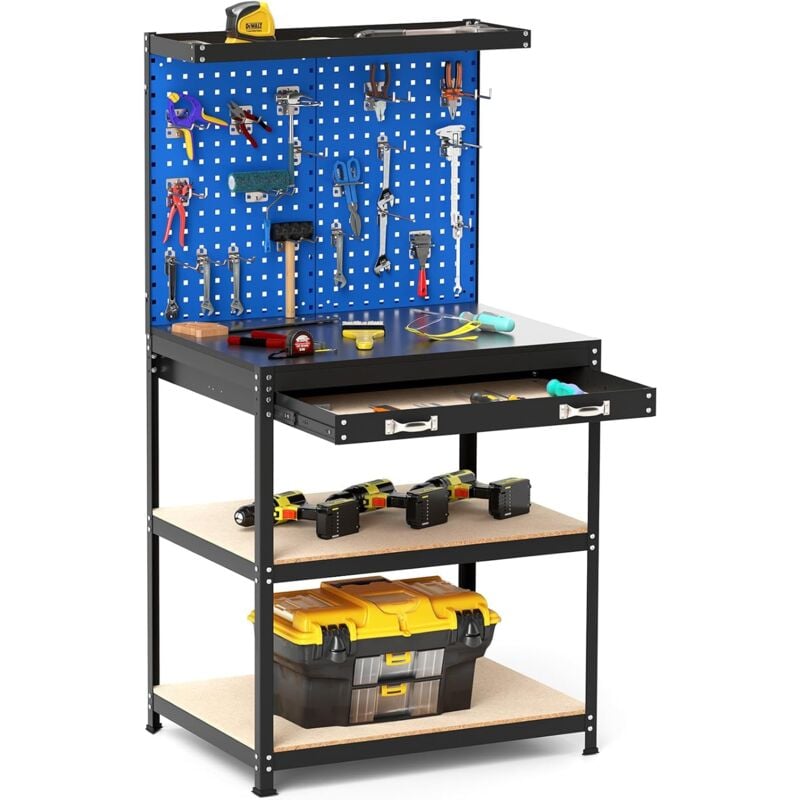 foto del prodotto costway banco da lavoro con piano da 80 x 40 cm, banco da lavoro officina con pannello forato e 20 ganci porta attrezzi, tavolo da lavoro per