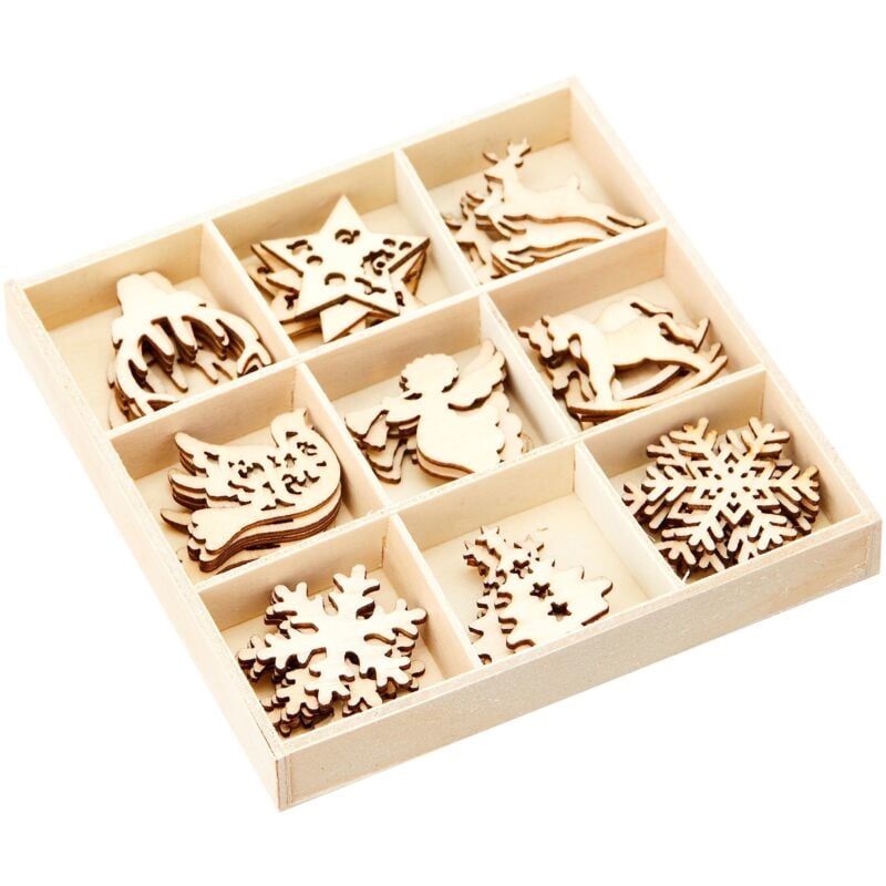foto del prodotto ousudela cart us scatola in legno con 45 decorazioni natalizie, 10,5 x 10,5 cm, in legno naturale