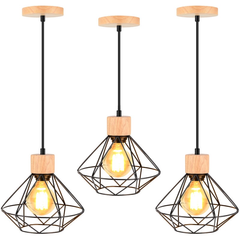 foto del prodotto axhup 3 pezzi lampada da soffitto industriale vintage, lampadario in metallo e legno, gabbia diamante e27 per soggiorno camera da letto nero