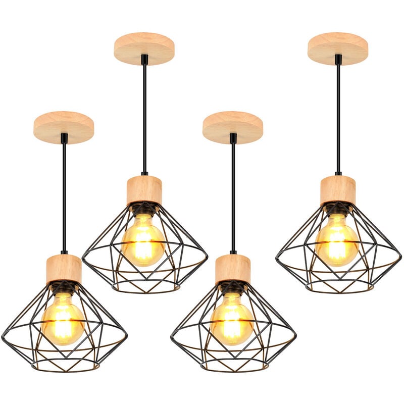 foto del prodotto 4 pezzi lampada da soffitto industriale vintage, lampadario in metallo e legno, gabbia diamante e27 per soggiorno camera da letto nero
