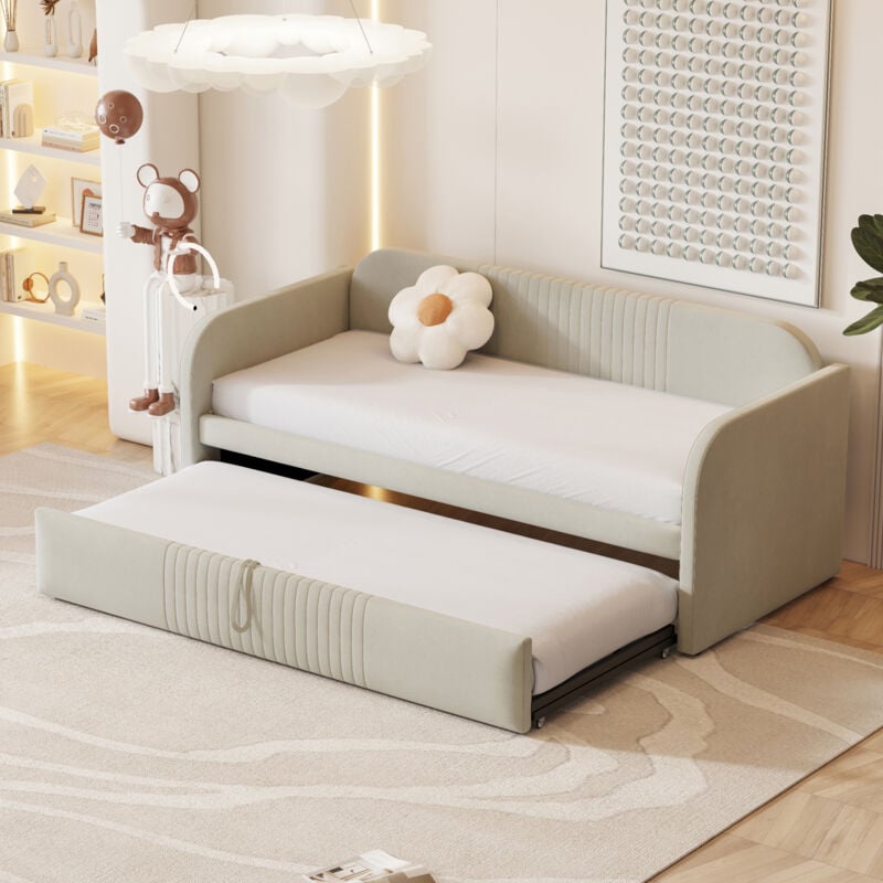 foto del prodotto letti con letti estraibili 90 180x190cm divani letti singoli per adulti, rete a doghe, senza materasso, lino, beige