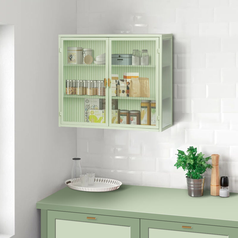 foto del prodotto okwish pensile moderno a due ante con ante in vetro da 70 cm e spazio di archiviazione su tre livelli per ingresso, soggiorno, bagno, sala da