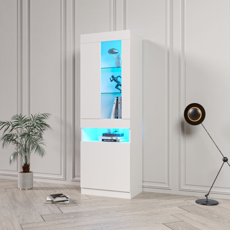 foto del prodotto vetrina alta 50x40x180cm con 2 ante, ripiani in vetro, led, credenza, per soggiorno studio, pannello truciolare, bianco
