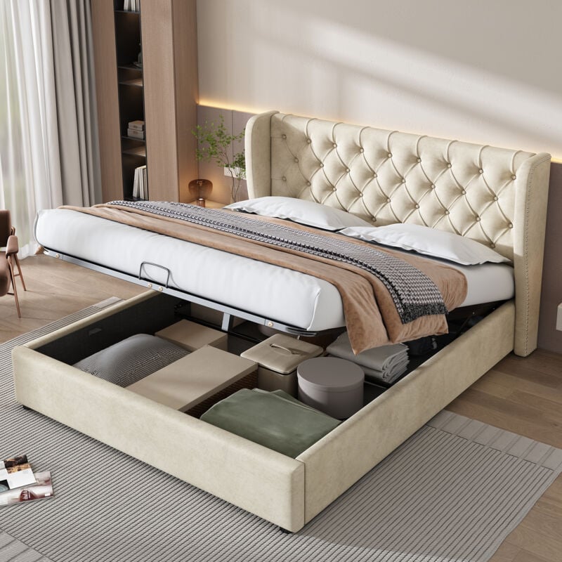 foto del prodotto letti contenitori 160x200cm letti matrimoniale per adulti, idraulico, rete a doghe, velluto, senza materasso, beige