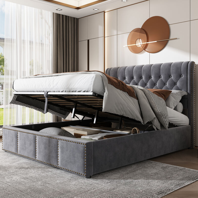 foto del prodotto letti contenitori 180x200cm letti matrimoniale per adulti, idraulico, velluto, senza materasso, grigio