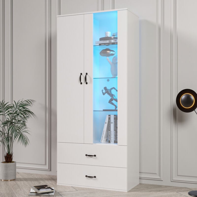 foto del prodotto vetrina alta 59,9x35x182cm con 2 ante 2 cassetti, ripiani in vetro, led, credenza, per soggiorno studio, pannello truciolare, bianco
