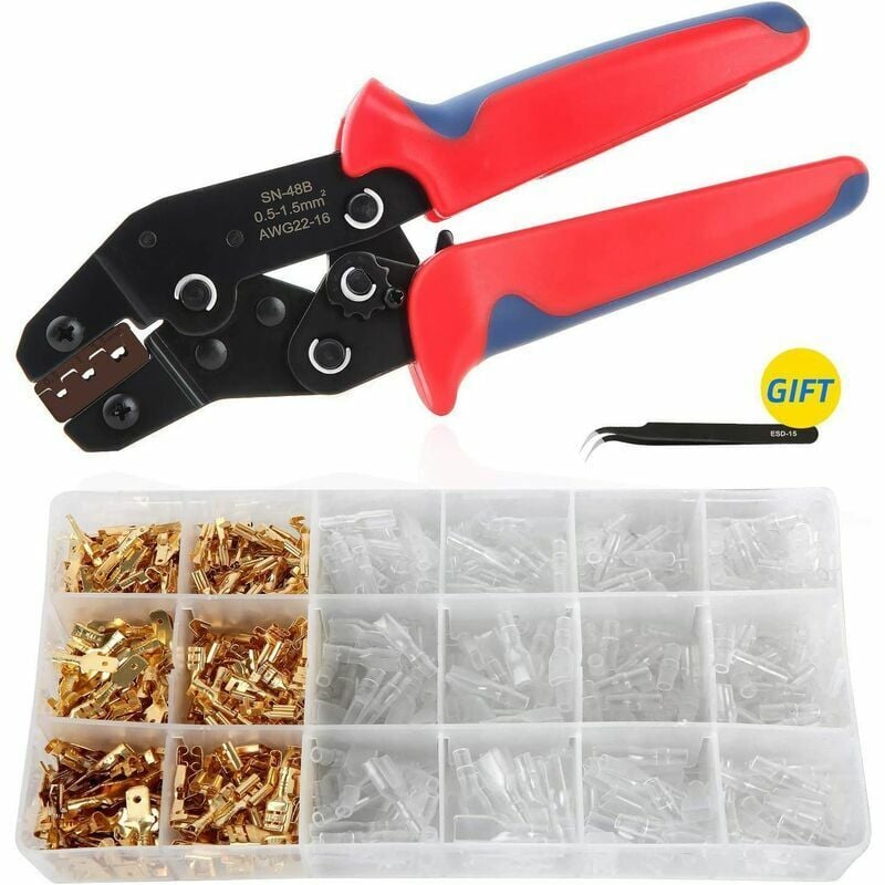 foto del prodotto famille pinza crimpatrice con 600 terminali, varie misure, maschio femmina, terminali per cavi elettrici, crimpatrice 0,5 1,5 mm , pinza