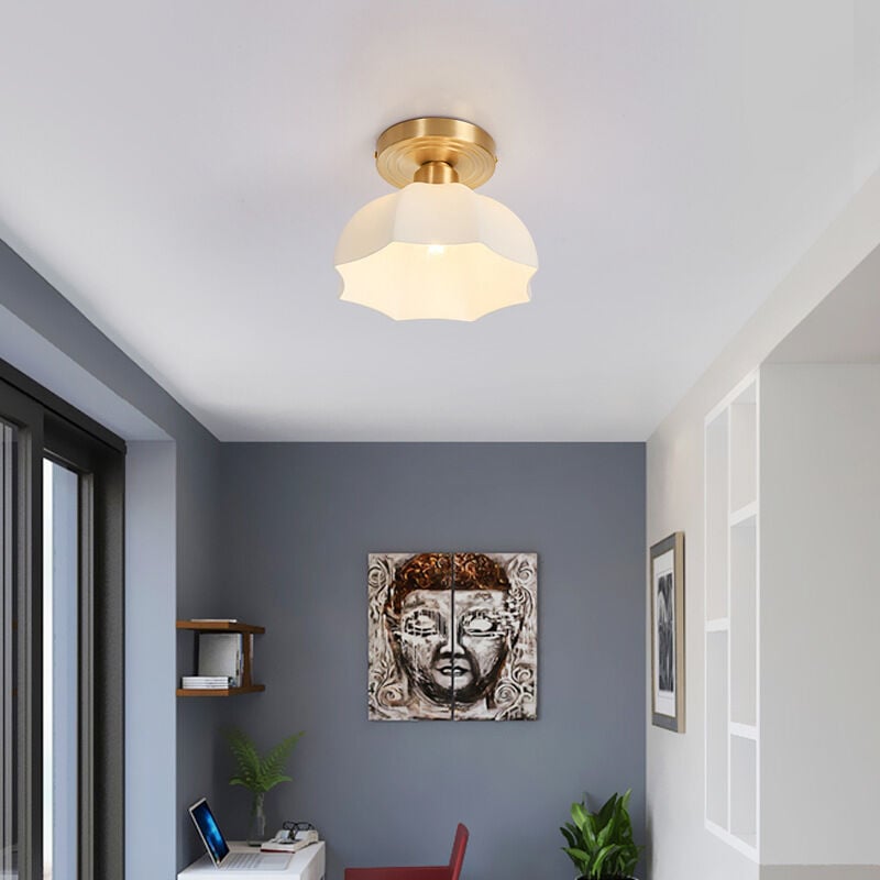 foto del prodotto plafoniere moderne, paralume in vetro bianco, plafoniere moderne di met secolo per cucina e soggiorno, base dorata 3000 k 