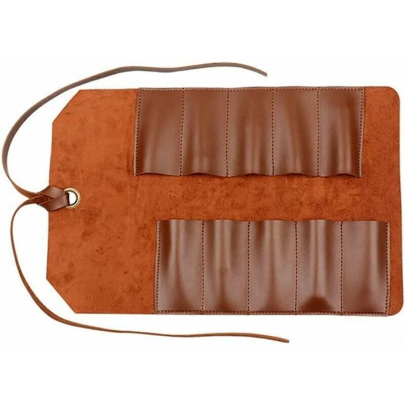 foto del prodotto famille rotolo portautensili, borsa in pelle, 10 tasche, organizer multiuso, borsa avvolgente per chiavi e lavorazione del legno, marrone chiaro,