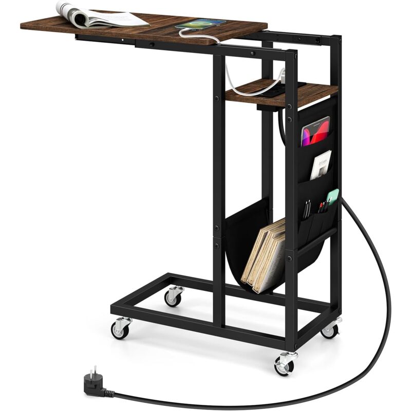 foto del prodotto costway tavolino da salotto, tavolino laterale con piano retrattile e prese di corrente, tasca per riporre e ruote bloccabili, tavolino per