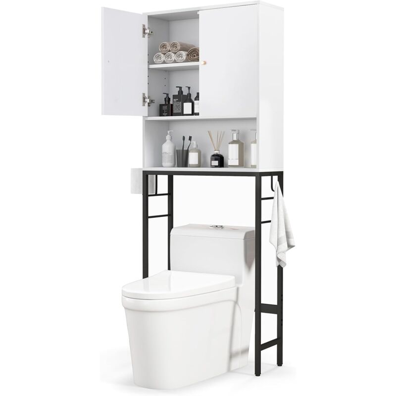 immagine 0 del prodotto costway scaffale bagno 165,5 cm sopra wc, mobile bagno salvaspazio con 2 porte, ripiano regolabile, bara inferiore regolabile, 2 ganci laterali,