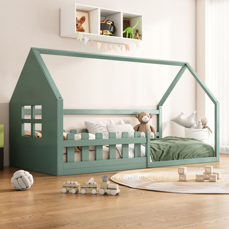 foto del prodotto letti a casetta 90x200cm letti singoli per bambini, pino, senza materasso, grigio verde