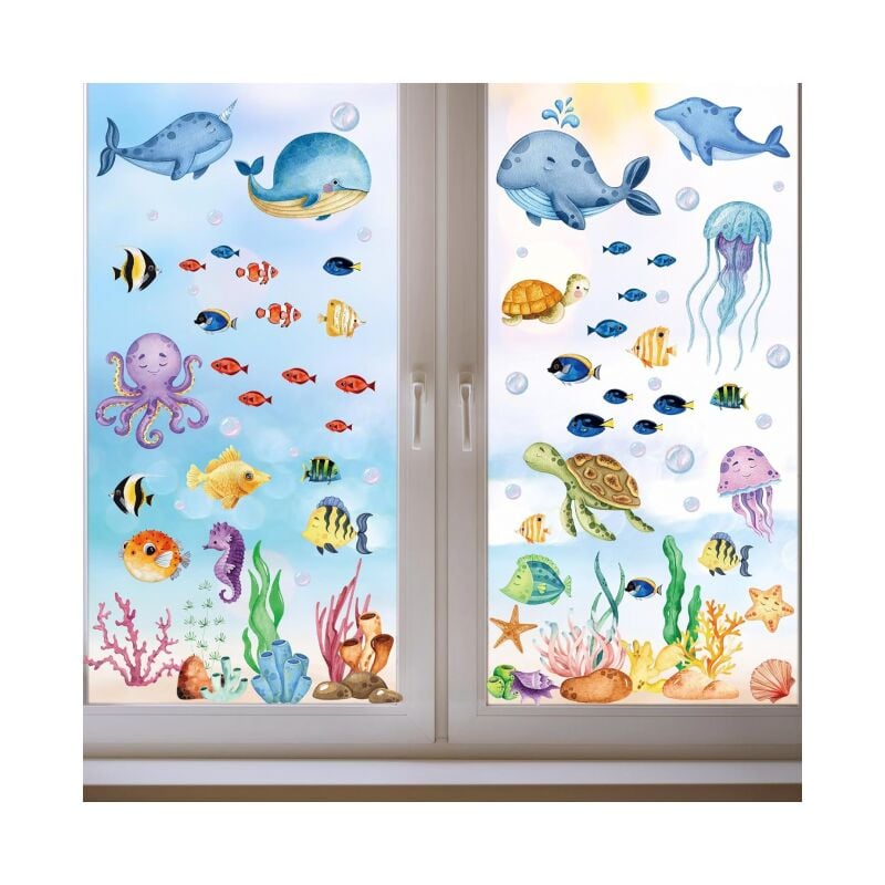 foto del prodotto 134 pezzi adesivi per finestre a tema mare, adesivi rimovibili per il bagno, adesivi per l oceano per la decorazione estiva a tema spiaggia e piscina